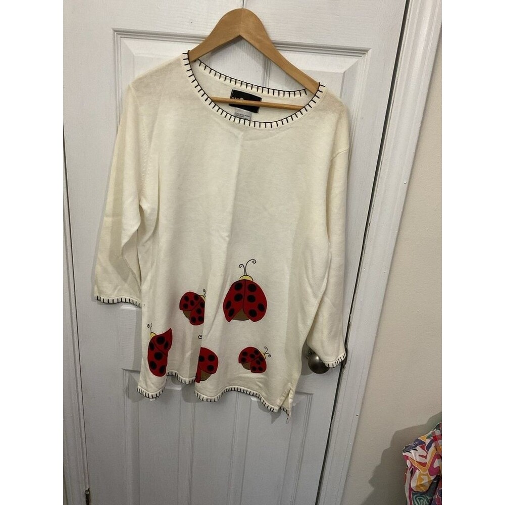 Vintage Sag Harbor Ladybug Sweater Women L Ramie Cotton Novelty Bug 90s